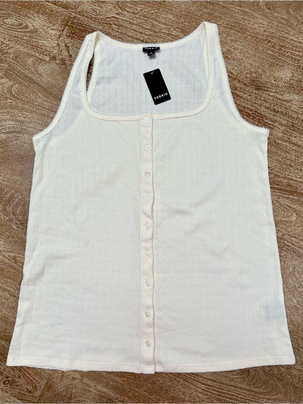 TORRID TANK TOP, SIZE 2X, POINTELLE CREAM, BUTTON FRONT, SQUARE NECK, NWT - Picture 4 of 10